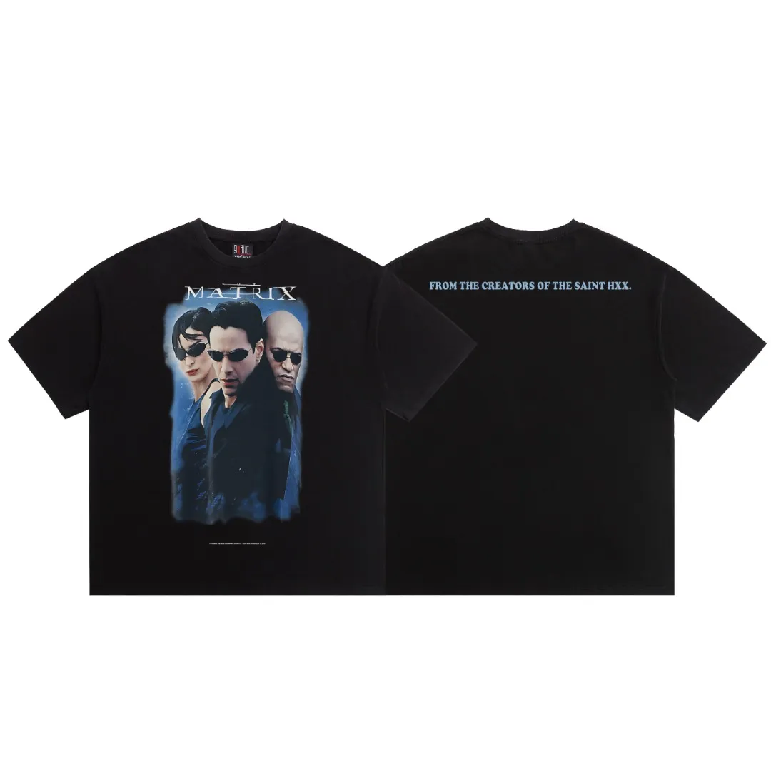 European and American Saint Michael "The Matrix" vintage washed and distressed short-sleeved T-shirt. Digital white ink direct printing. The fabric is breathable and the pattern is three-dimensional and clear. Fabric: Double yarn 240g Style number: S963 Size: S-M-L-XL Color: Black Price: P118